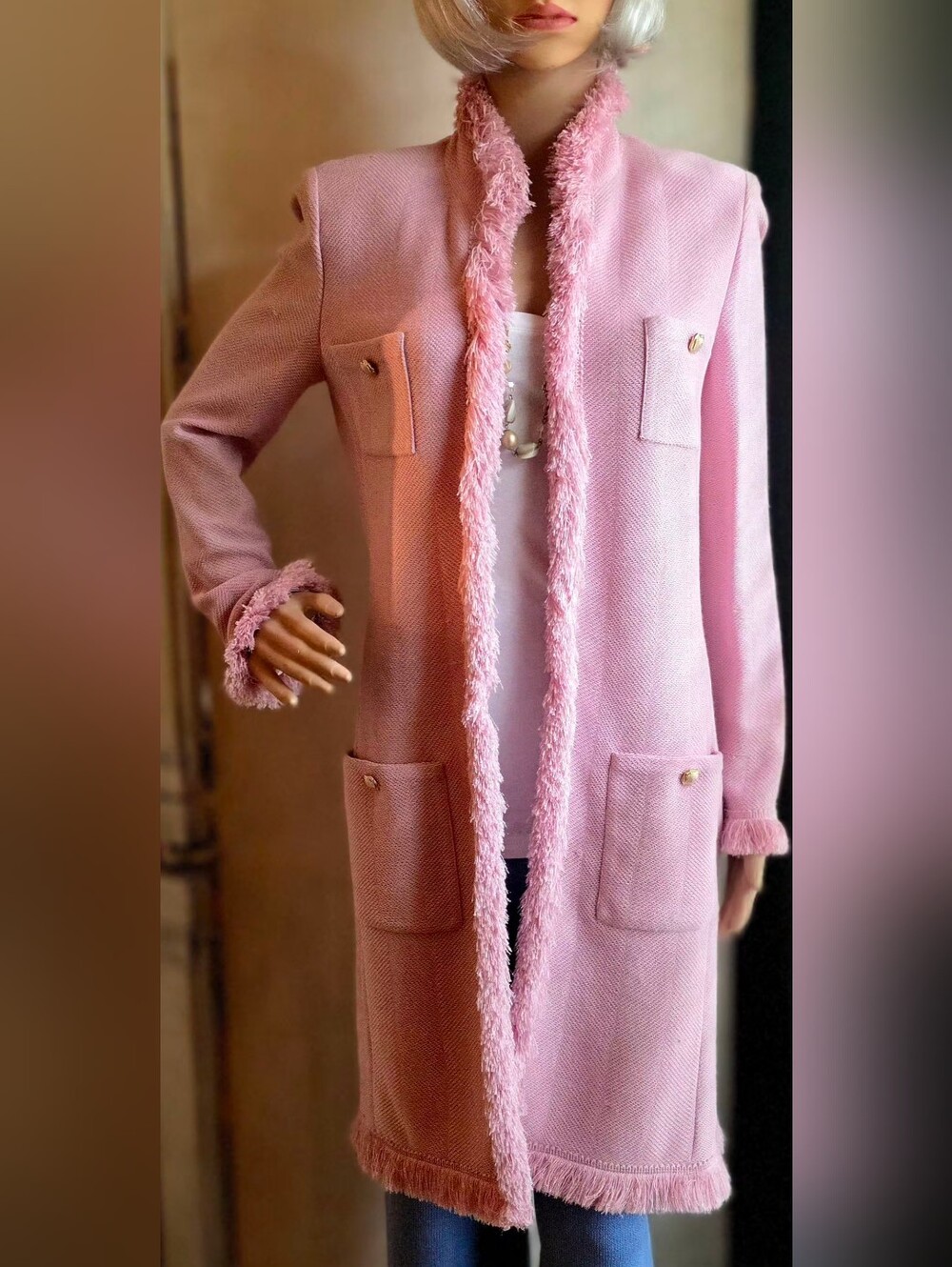 St. John Collection Pink Shimmer Fringe Long Knit Cardigan Jacket Size 6